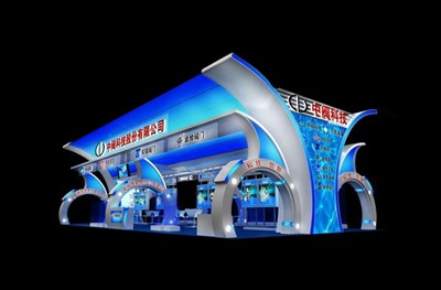 162平米展臺設計制作：四面開口/現代/木質結構/藍色，為綜合展展商而作（免費使用）