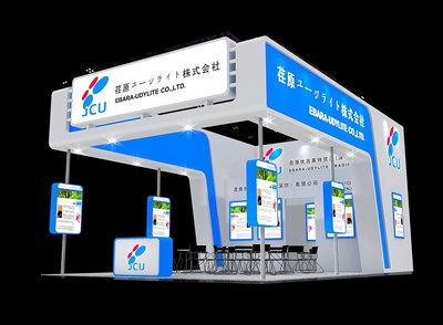 54平米展臺(tái)設(shè)計(jì)制作：三面開口/現(xiàn)代/木質(zhì)結(jié)構(gòu)/藍(lán)色，為綜合展展商而作（免費(fèi)使用）