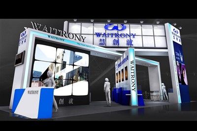 90平米展臺設計制作：四面開口/前衛(wèi)/型材結構/藍色，為電子展展商而作（免費使用）