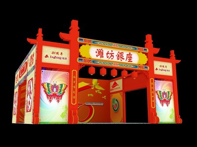 100平米展臺(tái)設(shè)計(jì)制作：三面開口/中式/木質(zhì)結(jié)構(gòu)/紅色，為綜合展展商而作（免費(fèi)使用）