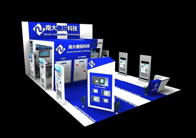 70平米展臺設計制作：三面開口/現(xiàn)代/木質結構/藍色，為綜合展展商而作（免費使用）