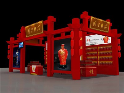 72平米展臺(tái)設(shè)計(jì)制作：三面開(kāi)口/中式/木質(zhì)結(jié)構(gòu)/紅色，為糖酒展展商而作（免費(fèi)使用）