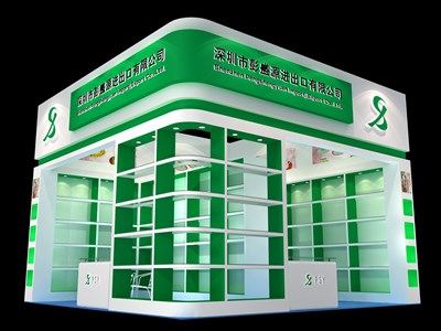 36平米展臺(tái)設(shè)計(jì)制作：二面開口/現(xiàn)代/木質(zhì)結(jié)構(gòu)/綠色，為綜合展展商而作（免費(fèi)使用）