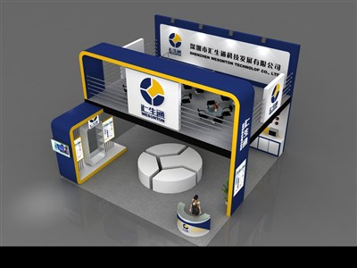 81平米展臺(tái)設(shè)計(jì)制作：三面開口/前衛(wèi)/木質(zhì)結(jié)構(gòu)/藍(lán)色，為電子展展商而作（免費(fèi)使用）