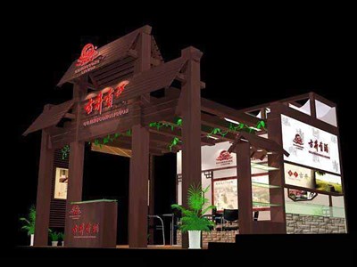 36平米展臺(tái)設(shè)計(jì)制作：三面開口/中式/木質(zhì)結(jié)構(gòu)/咖啡色，為糖酒展展商而作（免費(fèi)使用）