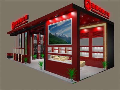 112平米展臺設(shè)計制作：三面開口/現(xiàn)代/型材結(jié)構(gòu)/紅色，為糖酒展展商而作（免費(fèi)使用）