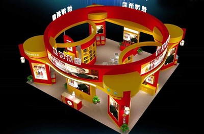 144平米展臺設(shè)計制作：四面開口/現(xiàn)代/型材結(jié)構(gòu)/紅色，為糖酒展展商而作（免費使用）