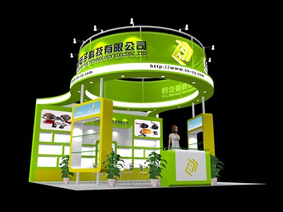 36平米展臺設計制作：三面開口/現(xiàn)代/木質(zhì)結(jié)構(gòu)/綠色，為綜合展展商而作（免費使用）