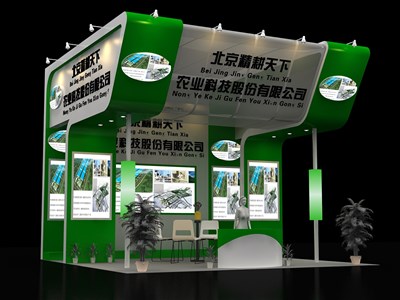 36平米展臺設計制作：三面開口/現(xiàn)代/木質結構/綠色，為化工展展商而作（免費使用）
