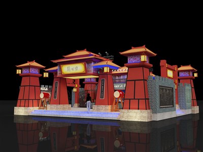187.5平米展臺設(shè)計制作：三面開口/中式/木質(zhì)結(jié)構(gòu)/紅色，為糖酒展展商而作（免費(fèi)使用）