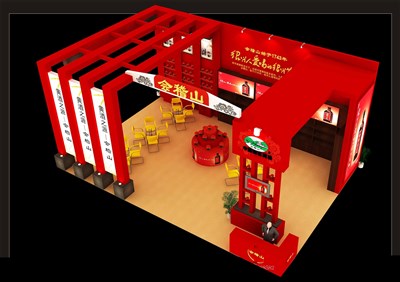 96平米展臺設(shè)計制作：三面開口/中式/木質(zhì)結(jié)構(gòu)/紅色，為糖酒展展商而作（免費使用）