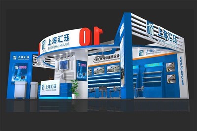 60.5平米展臺設計制作：三面開口/現(xiàn)代/型材結構/藍色，為電子展展商而作（免費使用）