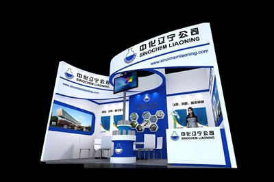 18平米展臺設(shè)計制作：二面開口/現(xiàn)代/型材結(jié)構(gòu)/藍(lán)色，為化工展展商而作（免費使用）