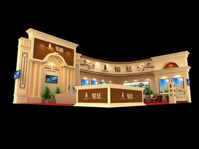 84平米展臺設(shè)計制作：二面開口/歐式/木質(zhì)結(jié)構(gòu)/米色，為房產(chǎn)展展商而作（免費使用）