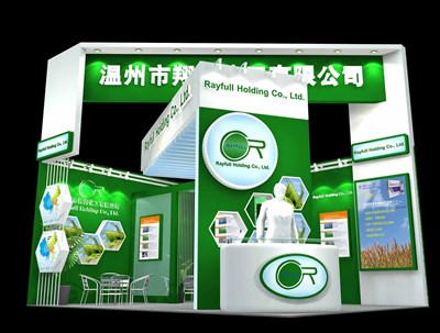 27平米展臺設(shè)計(jì)制作：二面開口/現(xiàn)代/木質(zhì)結(jié)構(gòu)/綠色，為化工展展商而作（免費(fèi)使用）