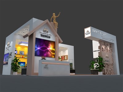 48平米展臺設計制作：三面開口/現(xiàn)代/木質結構/白色，為房產展展商而作（免費使用）