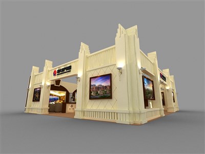168平米展臺(tái)設(shè)計(jì)制作：二面開口/歐式/木質(zhì)結(jié)構(gòu)/米色，為房產(chǎn)展展商而作（免費(fèi)使用）