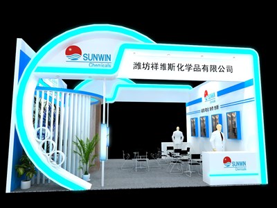 42平米展臺(tái)設(shè)計(jì)制作：二面開口/現(xiàn)代/木質(zhì)結(jié)構(gòu)/白色，為化工展展商而作（免費(fèi)使用）