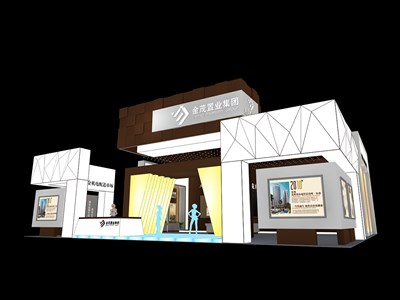 120平米展臺設(shè)計(jì)制作：二面開口/前衛(wèi)/型材結(jié)構(gòu)/咖啡色，為房產(chǎn)展展商而作（免費(fèi)使用）