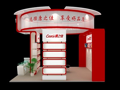 36平米展臺(tái)設(shè)計(jì)制作：三面開口/現(xiàn)代/木質(zhì)結(jié)構(gòu)/紅色，為綜合展展商而作（免費(fèi)使用）