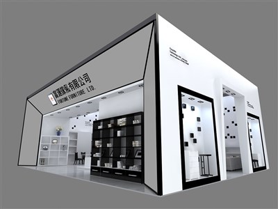 80平米展臺設計制作：二面開口/現(xiàn)代/型材結(jié)構(gòu)/白色，為家具展展商而作（免費使用）