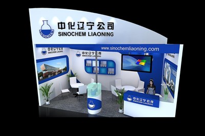18平米展臺(tái)設(shè)計(jì)制作：一面開口/現(xiàn)代/木質(zhì)結(jié)構(gòu)/藍(lán)色，為化工展展商而作（免費(fèi)使用）