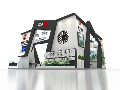 36平米展臺設計制作：三面開口/前衛(wèi)/木質(zhì)結(jié)構(gòu)/黑色，為房產(chǎn)展展商而作（免費使用）