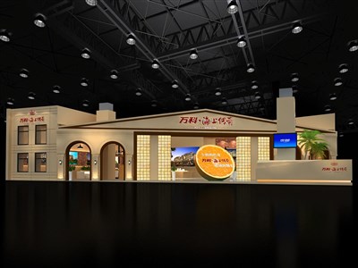 360平米展臺設(shè)計制作：一面開口/中式/木質(zhì)結(jié)構(gòu)/黃色，為房產(chǎn)展展商而作（免費使用）