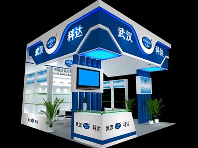 64平米展臺設(shè)計(jì)制作：三面開口/現(xiàn)代/木質(zhì)結(jié)構(gòu)/藍(lán)色，為化工展展商而作（免費(fèi)使用）