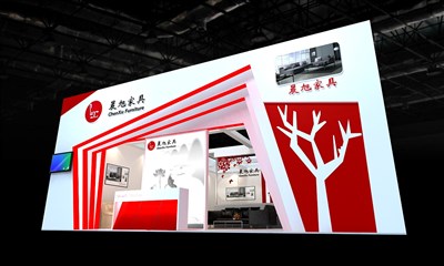 72平米展臺設(shè)計(jì)制作：一面開口/前衛(wèi)/型材結(jié)構(gòu)/紅色，為家具展展商而作（免費(fèi)使用）