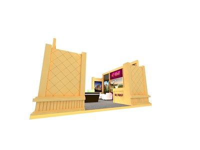 64平米展臺(tái)設(shè)計(jì)制作：二面開口/歐式/木質(zhì)結(jié)構(gòu)/米色，為房產(chǎn)展展商而作（免費(fèi)使用）