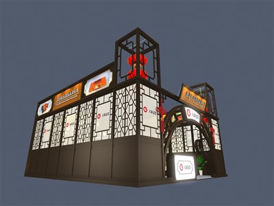 72平米展臺(tái)設(shè)計(jì)制作：一面開口/中式/木質(zhì)結(jié)構(gòu)/咖啡色，為綜合展展商而作（免費(fèi)使用）