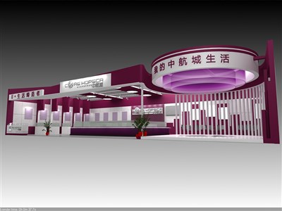 135平米展臺設計制作：一面開口/現(xiàn)代/木質結構/紫色，為房產展展商而作（免費使用）