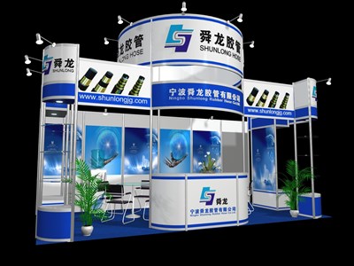 18平米展臺(tái)設(shè)計(jì)制作：三面開口/現(xiàn)代/型材結(jié)構(gòu)/藍(lán)色，為建材展展商而作（免費(fèi)使用）