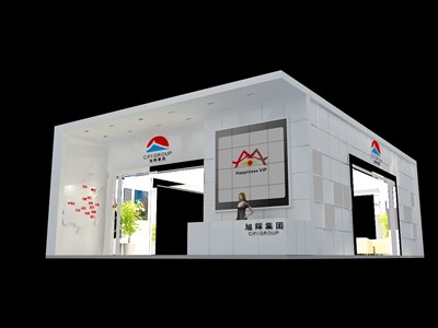 64平米展臺設(shè)計制作：四面開口/中式/型材結(jié)構(gòu)/白色，為房產(chǎn)展展商而作（免費使用）