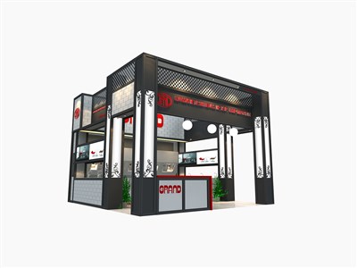 36平米展臺(tái)設(shè)計(jì)制作：三面開口/現(xiàn)代/型材結(jié)構(gòu)/黑色，為日用品展展商而作（免費(fèi)使用）