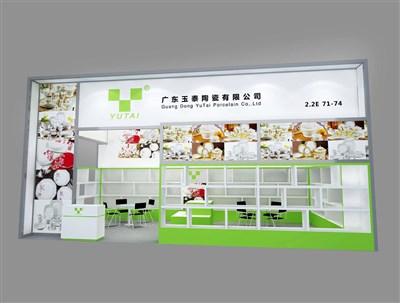 36平米展臺(tái)設(shè)計(jì)制作：二面開口/現(xiàn)代/木質(zhì)結(jié)構(gòu)/綠色，為日用品展展商而作（免費(fèi)使用）