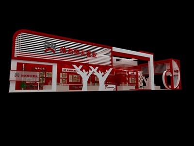 55平米展臺設(shè)計(jì)制作：三面開口/現(xiàn)代/型材結(jié)構(gòu)/紅色，為房產(chǎn)展展商而作（免費(fèi)使用）