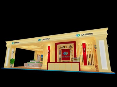 72平米展臺設(shè)計制作：四面開口/歐式/型材結(jié)構(gòu)/米色，為房產(chǎn)展展商而作（免費使用）