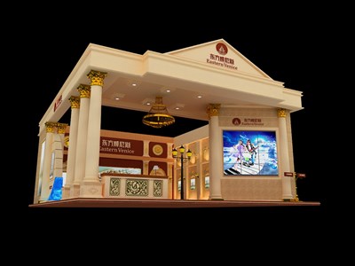 99平米展臺設計制作：二面開口/歐式/木質結構/咖啡色，為房產展展商而作（免費使用）