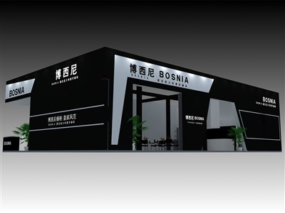 54平米展臺(tái)設(shè)計(jì)制作：三面開口/現(xiàn)代/型材結(jié)構(gòu)/黑色，為家具展展商而作（免費(fèi)使用）