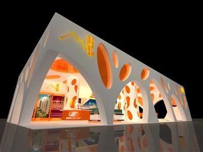 360平米展臺(tái)設(shè)計(jì)制作：三面開口/前衛(wèi)/木質(zhì)結(jié)構(gòu)/橙色，為房產(chǎn)展展商而作（免費(fèi)使用）