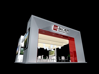 81平米展臺設(shè)計制作：四面開口/現(xiàn)代/木質(zhì)結(jié)構(gòu)/紅色，為房產(chǎn)展展商而作（免費使用）