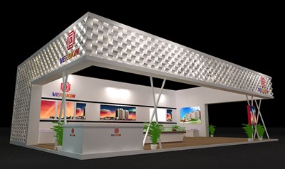 96平米展臺設(shè)計制作：三面開口/前衛(wèi)/木質(zhì)結(jié)構(gòu)/白色，為房產(chǎn)展展商而作（免費使用）