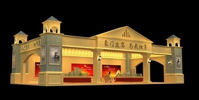 90平米展臺(tái)設(shè)計(jì)制作：三面開口/歐式/木質(zhì)結(jié)構(gòu)/米色，為房產(chǎn)展展商而作（免費(fèi)使用）