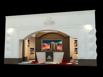 72平米展臺設(shè)計制作：二面開口/歐式/木質(zhì)結(jié)構(gòu)/灰色，為房產(chǎn)展展商而作（免費使用）