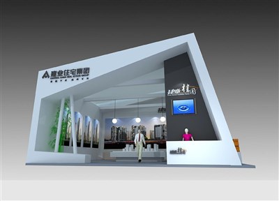 49平米展臺(tái)設(shè)計(jì)制作：二面開口/前衛(wèi)/木質(zhì)結(jié)構(gòu)/灰色，為房產(chǎn)展展商而作（免費(fèi)使用）