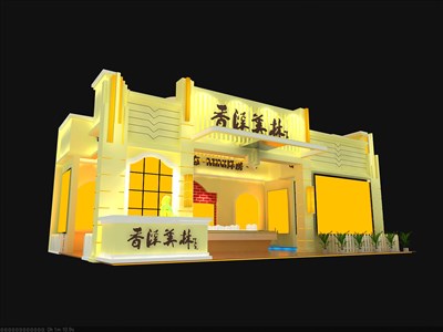 54平米展臺設計制作：二面開口/歐式/木質結構/米色，為房產(chǎn)展展商而作（免費使用）