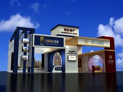78平米展臺設(shè)計制作：二面開口/歐式/木質(zhì)結(jié)構(gòu)/彩色，為房產(chǎn)展展商而作（免費使用）