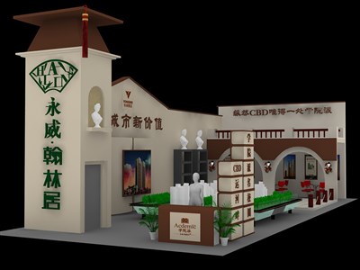 66平米展臺設(shè)計制作：二面開口/歐式/木質(zhì)結(jié)構(gòu)/米色，為房產(chǎn)展展商而作（免費使用）